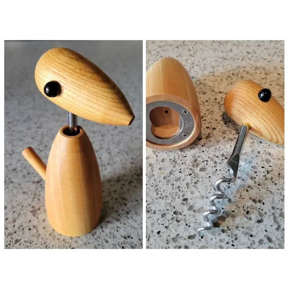 VTG MCM Handcrafted Wood Bird Corkscrew Bottle Opener Stainless Made in Japan